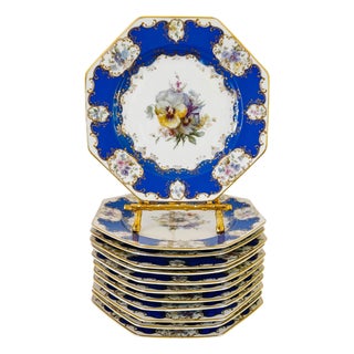 Antique Rosenthal Cobalt Blue & Gilt Octagonal Floral Dinner Plates - Set of 12 For Sale