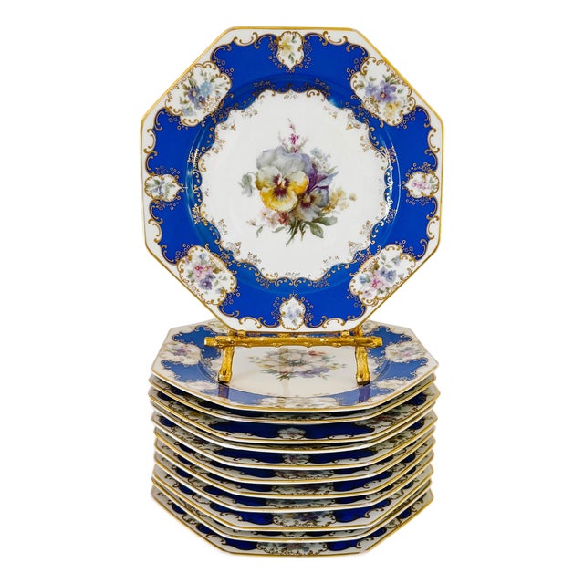 Antique Rosenthal Cobalt Blue & Gilt Octagonal Floral Dinner Plates - Set of 12 For Sale