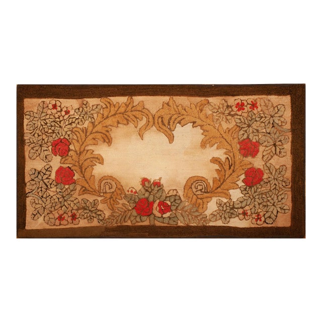 1880s Ivory Roses Folk Art Antique American Hooked Rug 2'8" X 4'11" Handknotted Wool Carpet For Sale