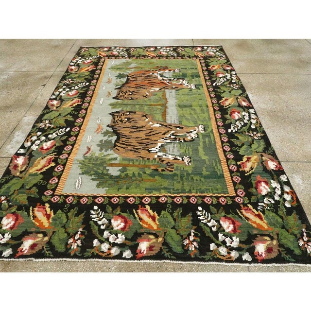 Forest Green Galerie Shabab Collection Mid-20th Century Handmade Russian Bessarabian Pictorial Tiger Accent Rug For Sale - Image 8 of 10