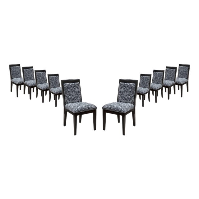 Barbara Barry for Baker Set of 10 Lacquered Black & White Fabric Dining Chairs For Sale