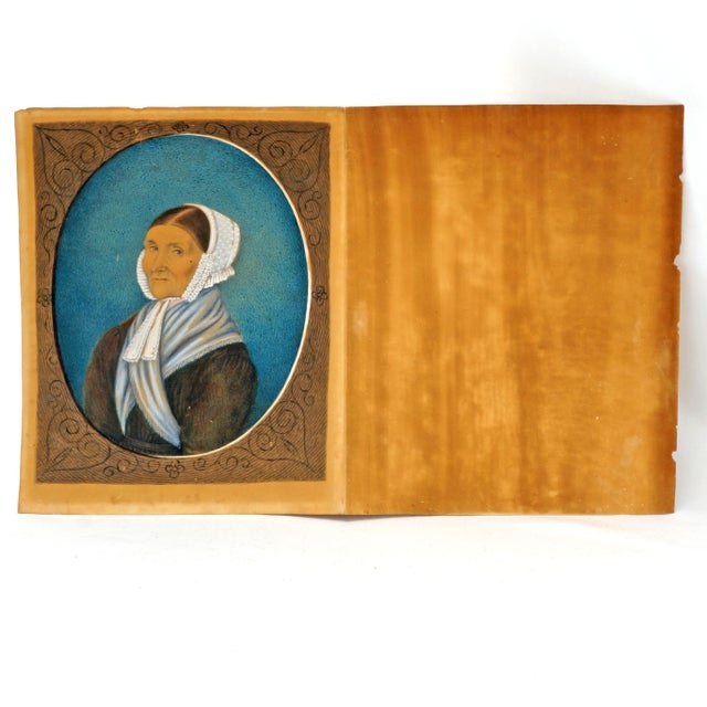 Turquoise Antique Primitive Portrait Watercolor Gouache Early 19th Century For Sale - Image 8 of 9