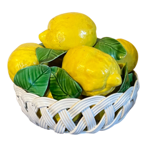 Italian Tromp l'Oeil Porcelain Basket Weave Bowl of Faux Fruit Lemons