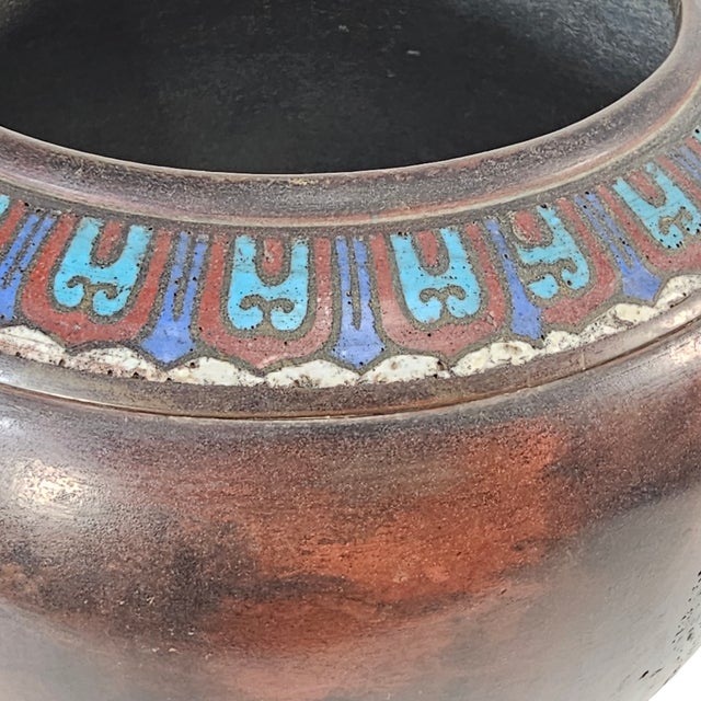 Brown Late Meiji Japanese Patinated Champlevé Jardinière With Crane & Turtle Motifs 9.75" For Sale - Image 8 of 13