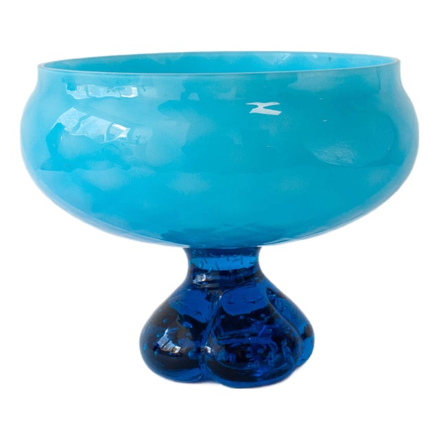 Vintage Portuguese Blue Glass Bowl with Foot, 1960s For Sale