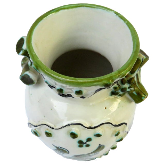 Mediterranean Mediterranean Bird Motif Green, Blue & White Pottery Vase, Signed For Sale - Image 3 of 5