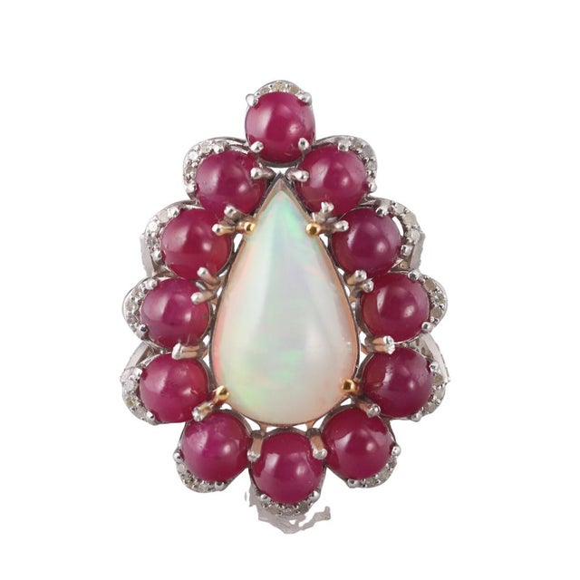 Ruby, Opal and Diamond Pear-Shaped Cocktail Ring, 14k Gold and Sterling Silver For Sale In Tampa - Image 6 of 8
