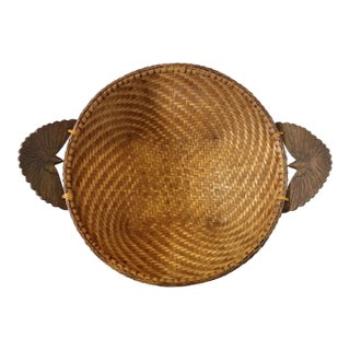 Vintage Monumental Hand-Woven Splint Wood Quatrefoil Shaped Basket With Carved Eagle Handles For Sale