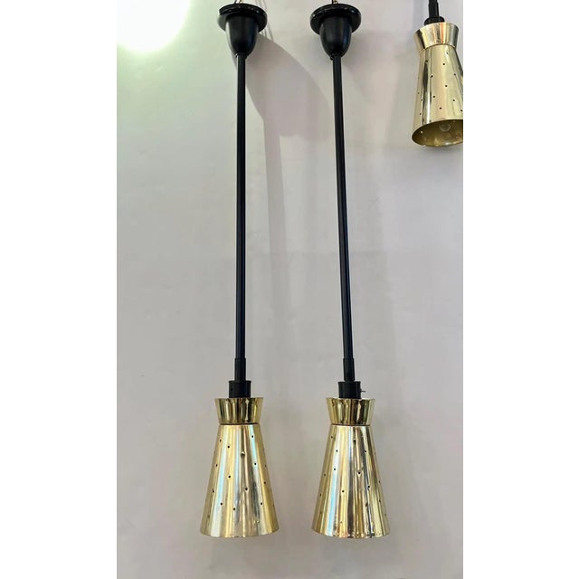Luci Set of 4 Italian Mid-Century Black & Perforated Brass Cone Pendant Lights For Sale - Image 9 of 12
