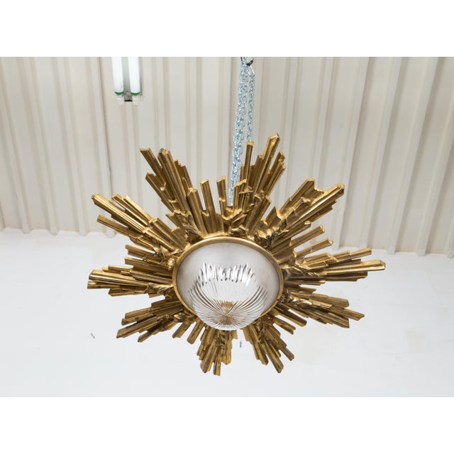 Pair of Gilt Bronze Midcentury Sunburst Light Fixtures with Frosted Glass For Sale - Image 12 of 12