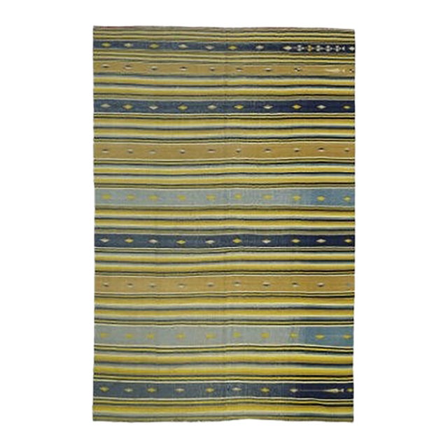 Vintage Dhurrie Rug in Yellow and Blue Stripes and Geometry | Rug & Kilim For Sale