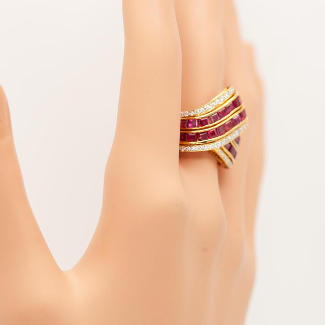 Metal 1980s Vintage 18k Yellow Gold Ruby and Diamond Cocktail Ring, Size 6.5 For Sale - Image 7 of 16