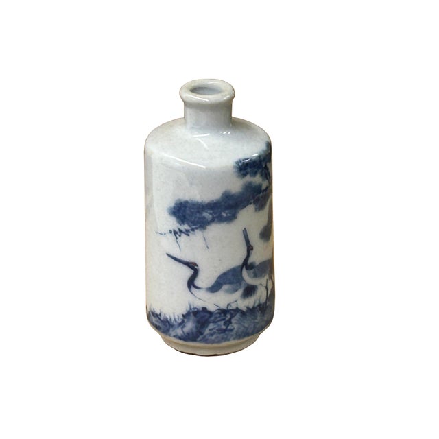 Blue Small Blue White Handpaint Cranes Pine Scenery Graphic Porcelain Vase For Sale - Image 8 of 11