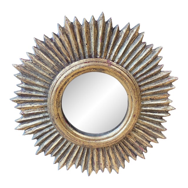 Mid 20th Century Small Scale Italian Wooden Sunburst Mirror - 11"d For Sale