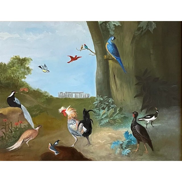 Oil painting on hardboard of exotic birds and fowl with Stonehenge in the distance, trees and foliage in the foreground by...
