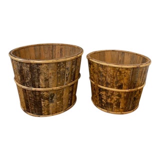Large Tortoise Bamboo Rattan Planters - a Pair For Sale