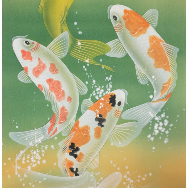 Early 21st Century "Dancing Carps" by Akimitsu Sataka, Japanese Silk Scroll Painting in Original Wooden Case For Sale - Image 5 of 18