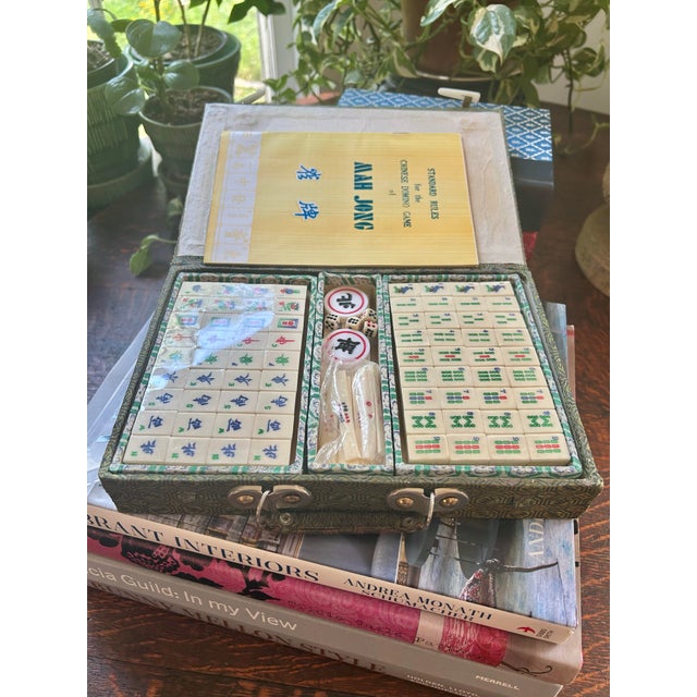 Chinoiserie Vintage Chinese Bone & Bamboo Mah Jong Set in Silk Brocade Case With Original Booklet & Wrapped Tiles For Sale - Image 3 of 15