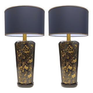 Vintage Italian Black and Gold Glazed Ceramic Table Lamps, 1980s, Set of 2 For Sale