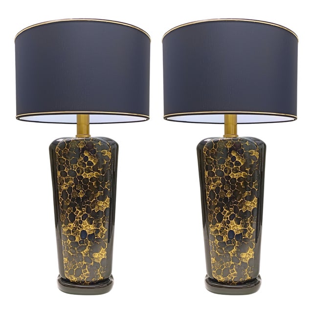 Vintage Italian Black and Gold Glazed Ceramic Table Lamps, 1980s, Set of 2 For Sale