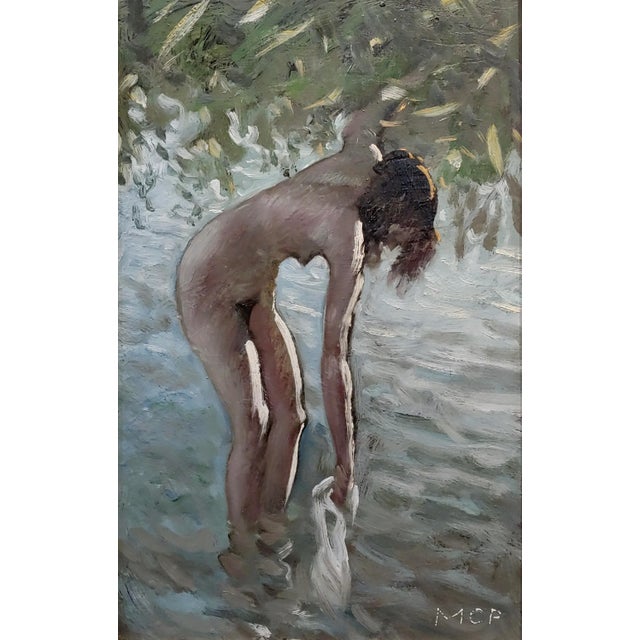 French Pal Molnar - Female Bathing at the Lake - Oil Painting For Sale - Image 3 of 8