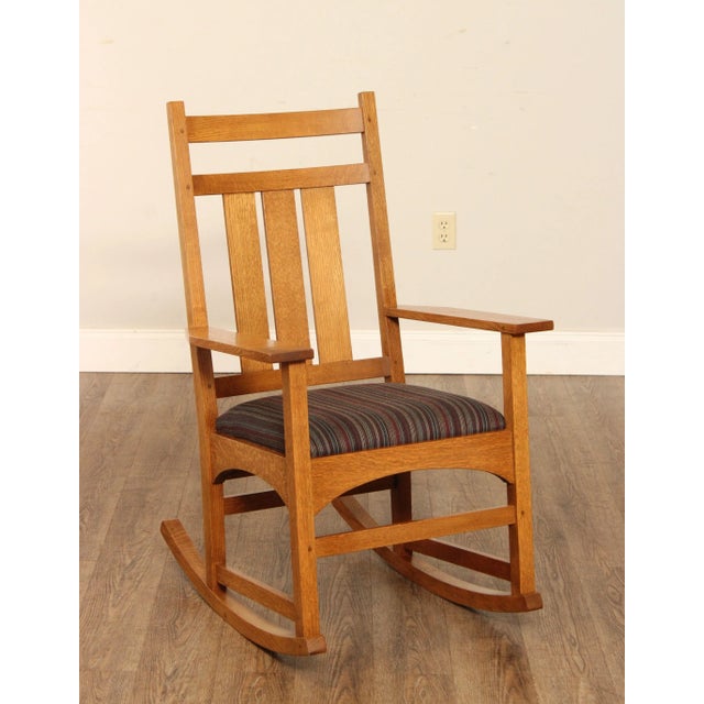 High Quality American Made Solid Oak Wood Rocker with Custom Upholstered Seat, #35 Finish by Stickley