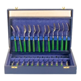English Sheffield Fish Cutlery Service Green Handles in Original Fitted Box For Sale