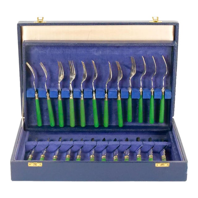 English Sheffield Fish Cutlery Service Green Handles in Original Fitted Box For Sale
