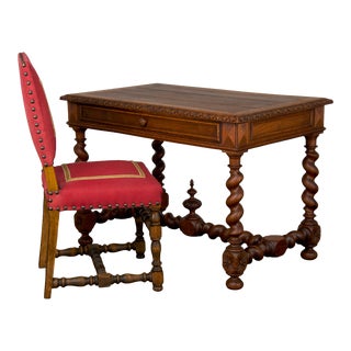 19th Century French Louis XIII Provincial Barley Twist Oak Writing Desk W/ Chair - a Pair For Sale