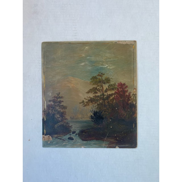Likely 19th Century American Folk Landscape Painting on Artist's Board Featuring River, Forest, and Mountain Scene.. For Sale - Image 10 of 10