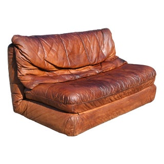 Vintage Convertible Leather Sofa, 1970s For Sale