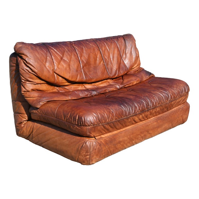 Vintage Convertible Leather Sofa, 1970s For Sale