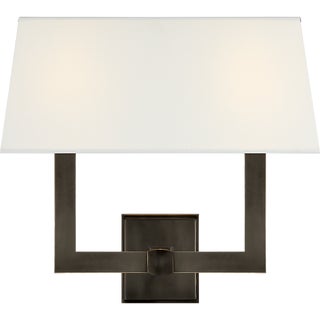 Chapman & Myers for Visual Comfort Signature Square Tube Double Sconce in Bronze with Linen Shade For Sale