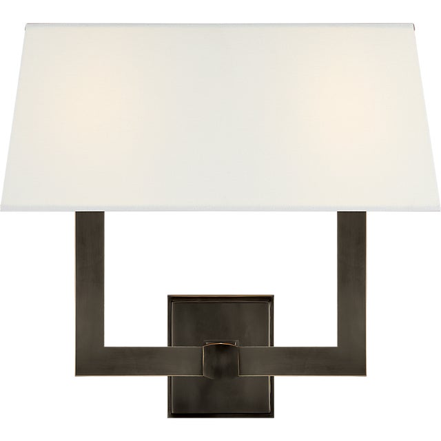 Chapman & Myers for Visual Comfort Signature Square Tube Double Sconce in Bronze with Linen Shade For Sale