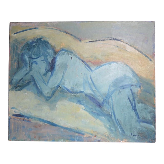 Rayuz (20th Century) “Blue Reclining Nude”, Oil on Canvas, Signed For Sale