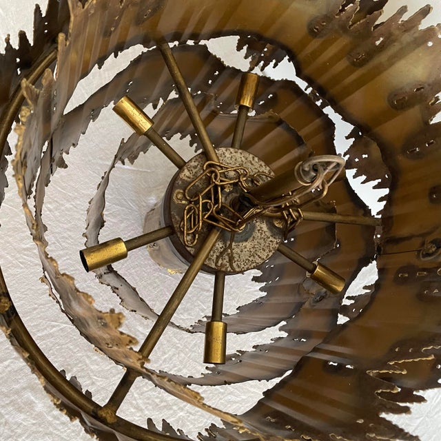 Brutalist Vintage Tom Greene for Feldman Brutalist Flame Brass Chandelier Lighting Fixture For Sale - Image 3 of 10
