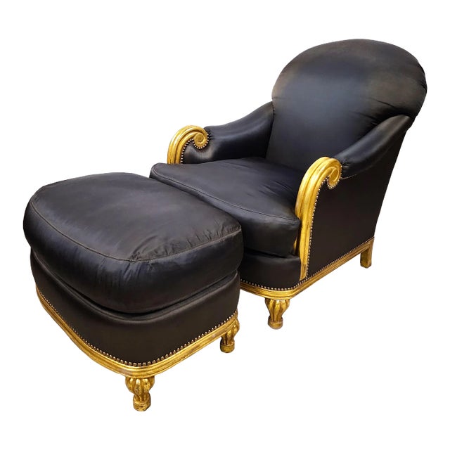 Late 20th Century Club Chair & Ottoman Gilt Finish For Sale