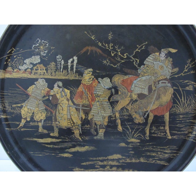 Antique, Meiji era (late 19th century to early 20th century) Japanese papier mache round laquer tray. Ornate hand painted...