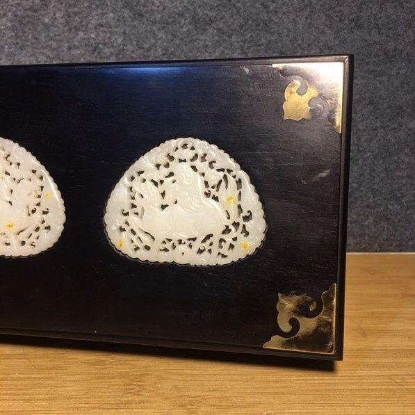 Asian Late 20th Century Rosewood & Jade Keepsake Box, Carved White Jade Panels With Gold Corner Fittings For Sale - Image 3 of 9