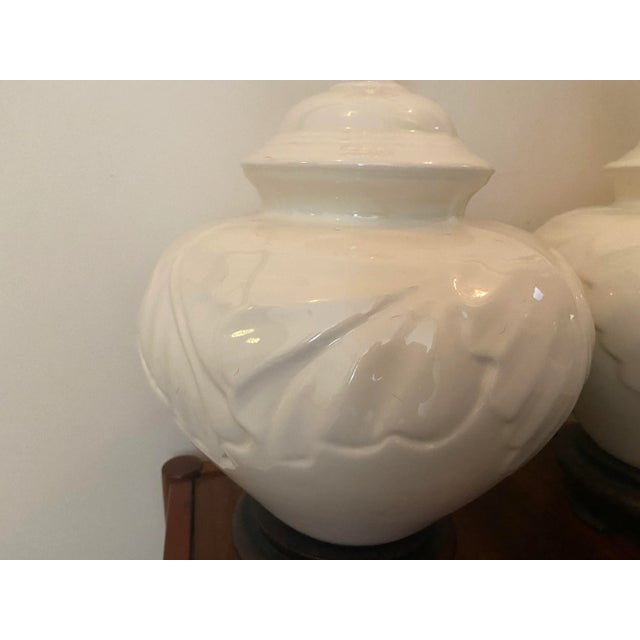 Vintage White Ceramic Leaf Pattern Table Lamps - a Pair For Sale - Image 4 of 10