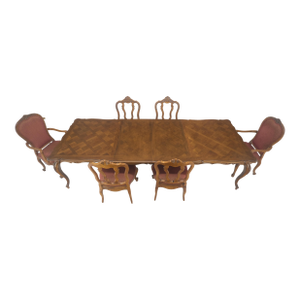 Country French Parquetry Top Table & 6 Dining Chairs Board Leafs
