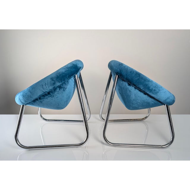 Chromed Metal and Blue Velvet Armchairs, Set of 2 For Sale - Image 12 of 15