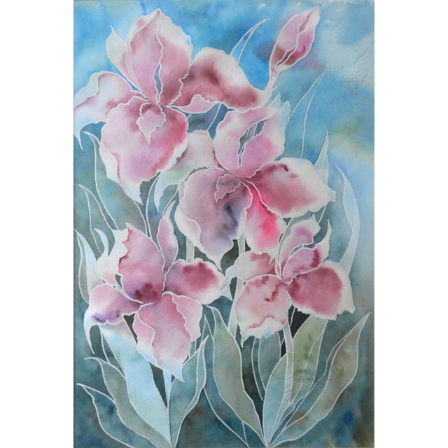 A very good, original, floral still life painting depicting pink irises. The work is reminiscent of works by Georgia...