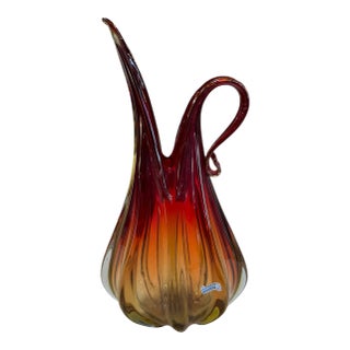 Murano Sommerso Glass Ewer Vase in Amber and Ruby, Italy, 1960s For Sale