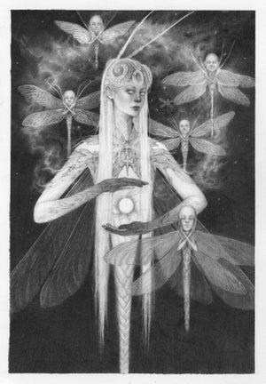Dragonfly Mother by Timothy Von Rueden and Babs Webb | Graphite on Mixed Media Paper Woman with dragonflies and ethereal elements.