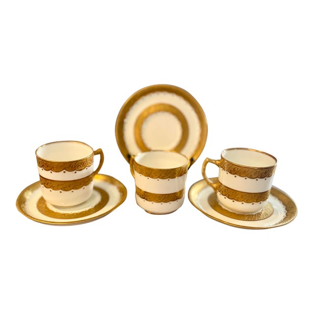 Antique Hand-Gilded 22k Gold Fine Bone China Teacup & Saucer Set of 3 for Adderley's Ltd - 6 pcs For Sale