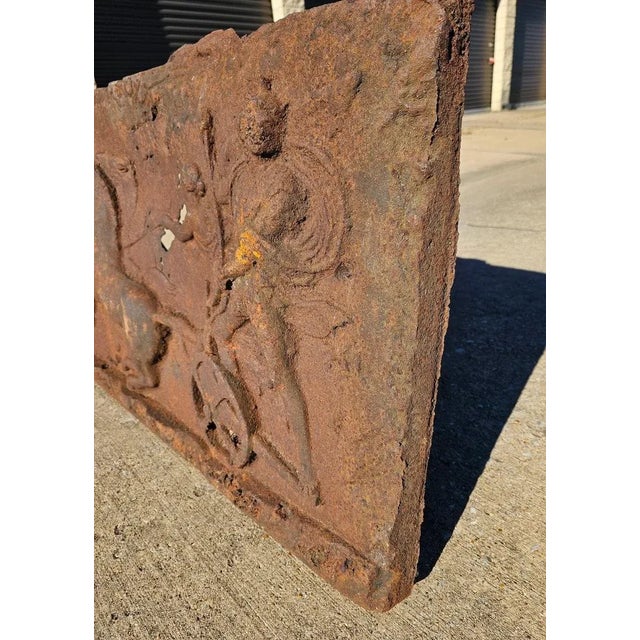 Large Antique Cast Iron Fireplace Fireback Architectural Relief Panel For Sale - Image 9 of 10