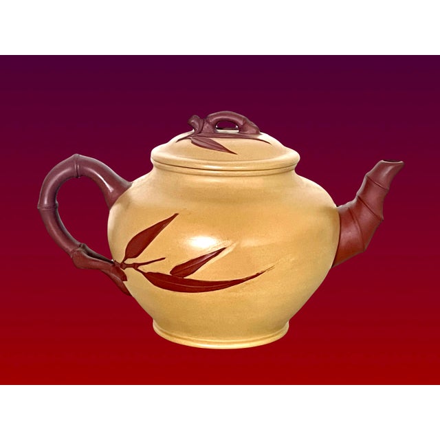 Chinoiserie Vintage Bamboo Yixing Zisha Chinese Unglazed Tea Pot With Bamboo Handle & Spout For Sale - Image 3 of 9
