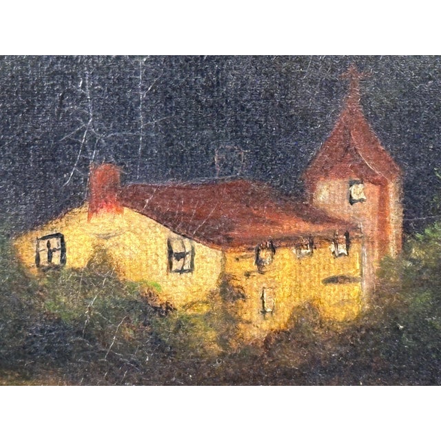 Green Antique Folk Art Oil Painting Scenic Church Bridge Setting, artist signed & dated For Sale - Image 8 of 10