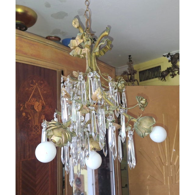 1940's Hollywood Regency Gilt & Verdigris Bronze, Crystal & Tole Floral Pendant/ Chandelier For Sale - Image 11 of 18